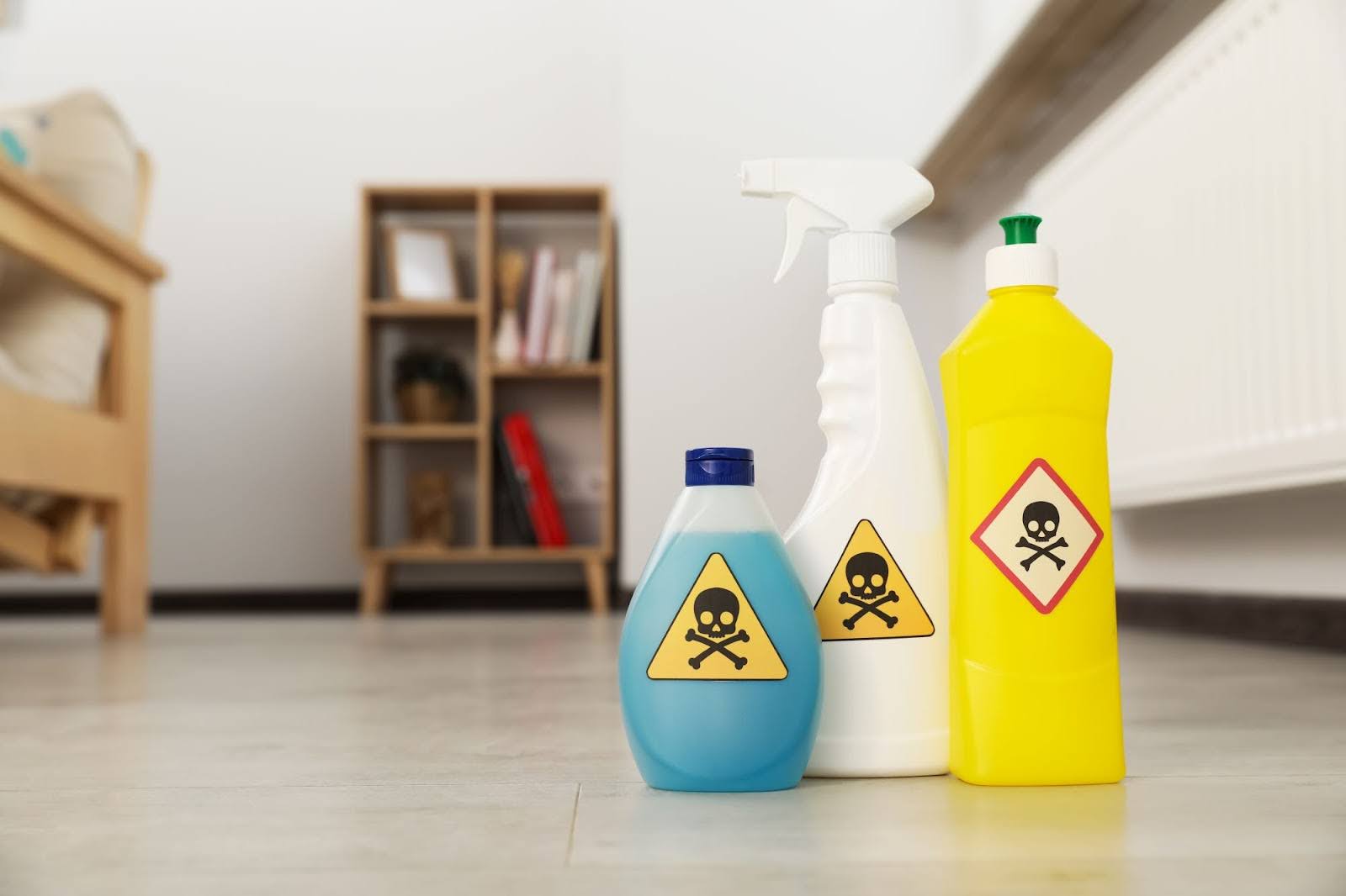 Cleaning products with skull and crossbones on them.